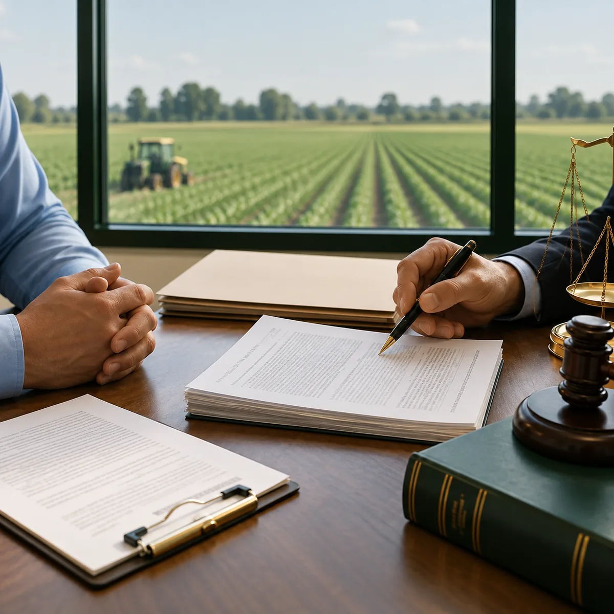 A meeting at a desk overlooking a green farm field through a window, with contracts, a set of brass scales, and a gavel on the table