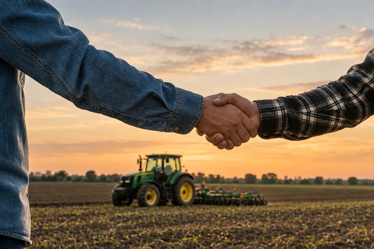 Two people shaking hands in a farm field at sunset, a tractor and seed drill working the soil behind them