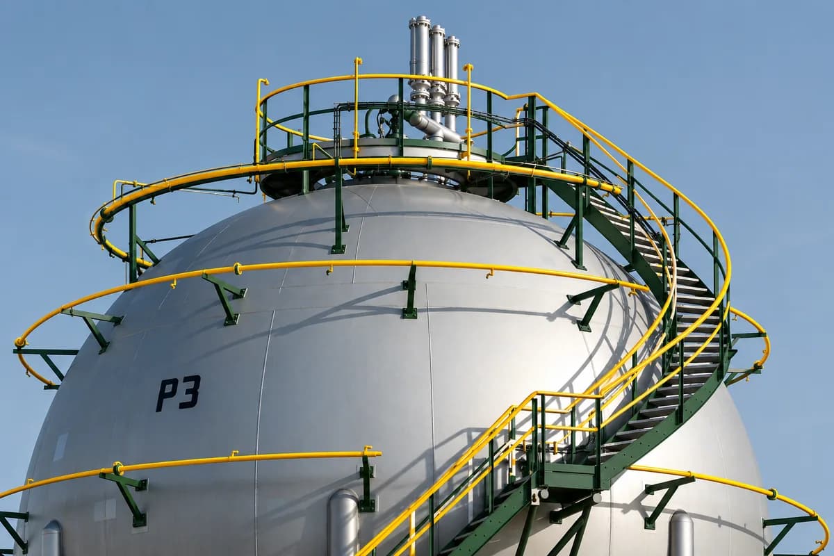 A large spherical pressurised gas storage tank ringed by green and yellow access stairways against a clear blue sky