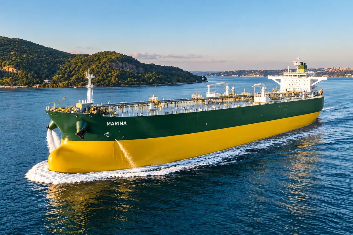 A green-and-yellow hulled product tanker under way through a forested coastal channel, its bow wave rolling off the hull