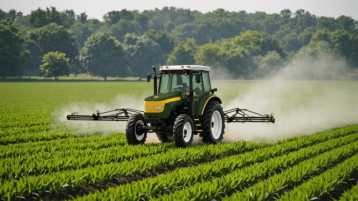 A tractor with a wide boom sprayer treating long rows of a young green crop under a bright sky