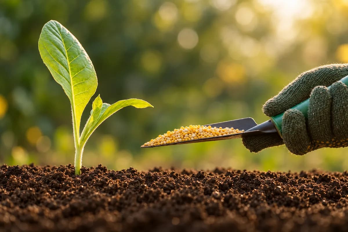 A gloved hand using a trowel to place amber fertiliser granules beside a young green seedling growing in dark soil