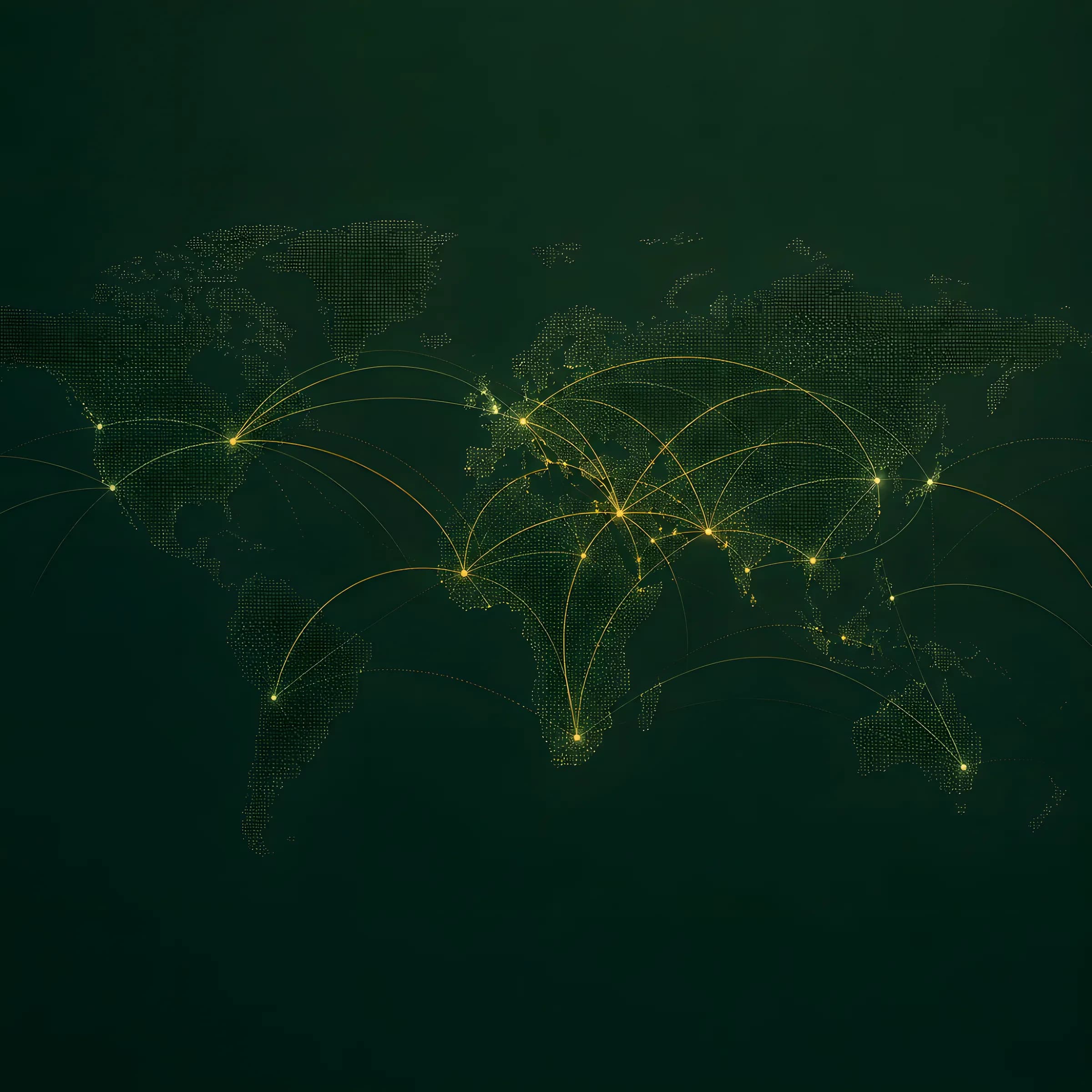 Dark green dot-matrix world map with glowing amber arcs linking trading hubs across the Middle East, Africa, Europe, Asia, and the Americas